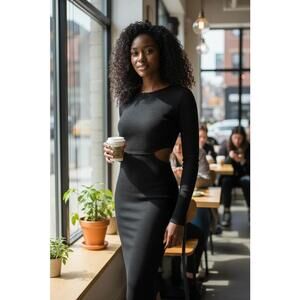 MINKPINK Black Ribbed Long Sleeve Dress - Size Large